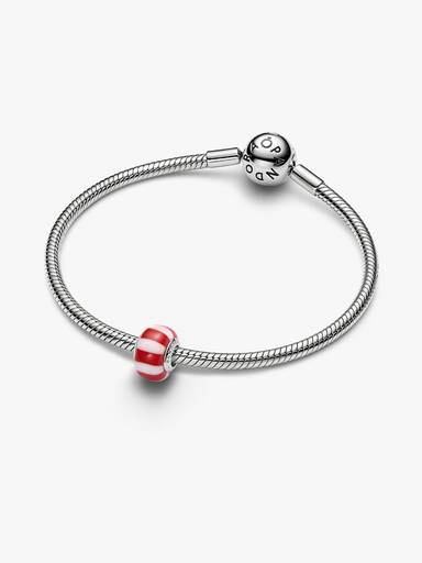 Red Peppermint Murano Glass Charm, Platinum Plated