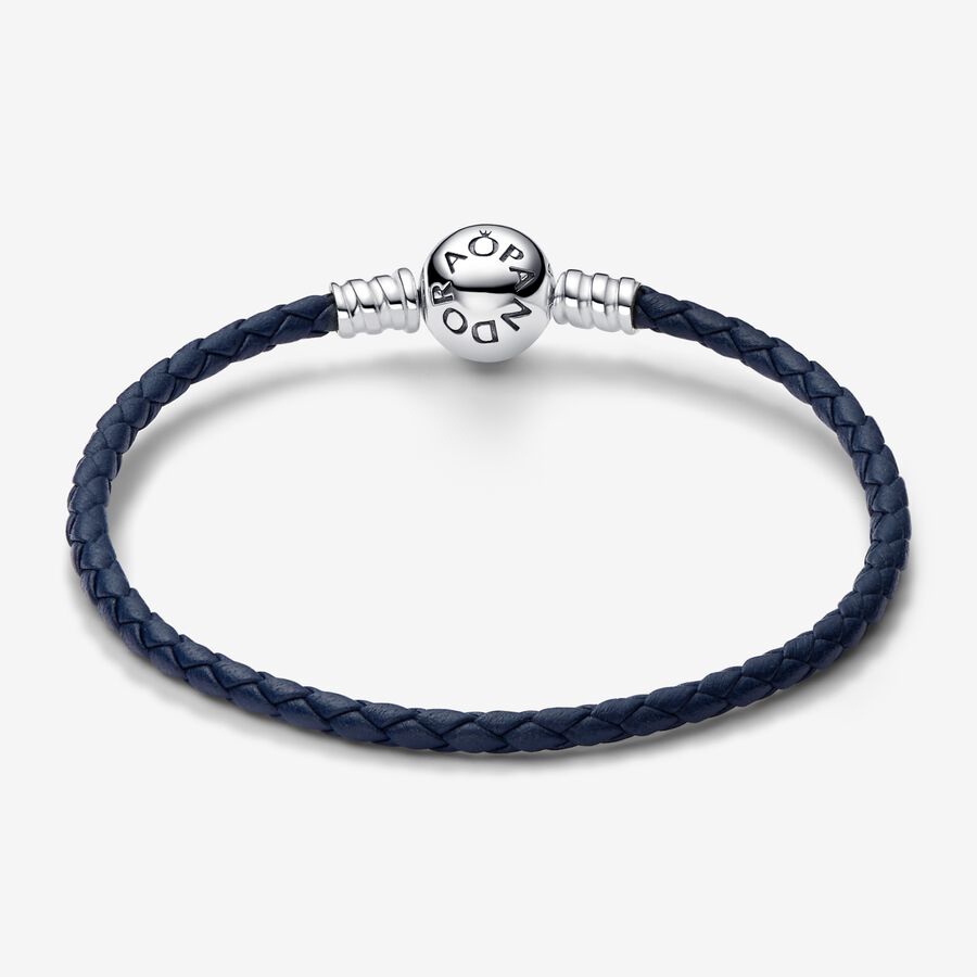 Pandora Moments Round Clasp Blue Braided Leather Bracelet - Leather / Sterling silver / Cubic Zirconia / Blue - Sz. 17,50 cm
