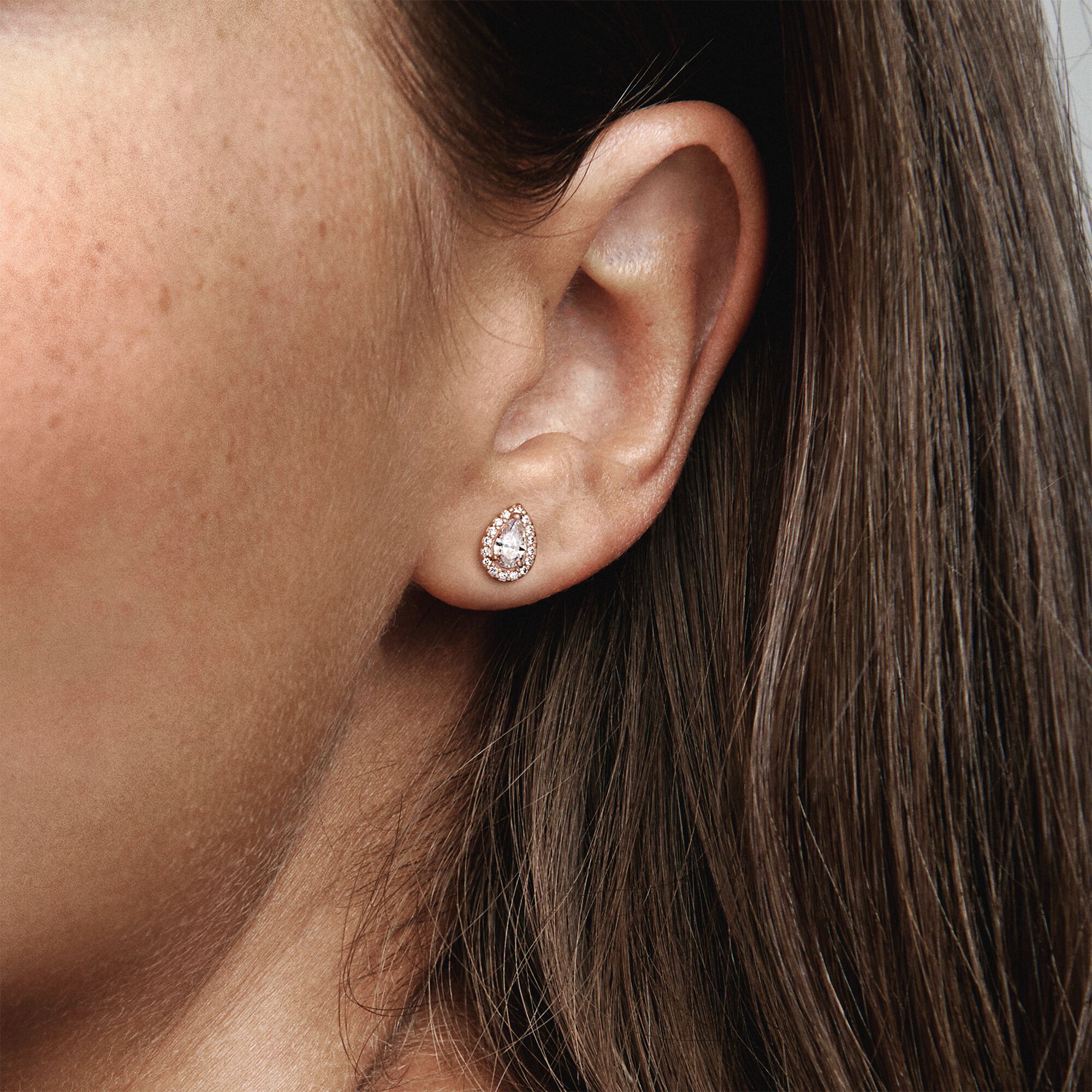 Teardrop Halo Stud Earrings | Rose gold plated | Pandora Canada