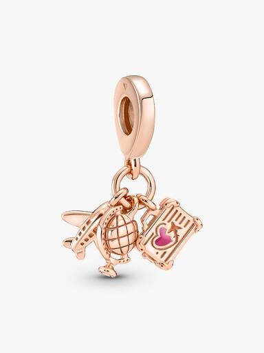 Charm-pendentif triple Avion, globe terrestre et valise