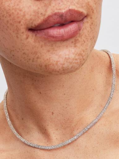 Heart Clasp Sparkling Mesh Necklace, Platinum Plated
