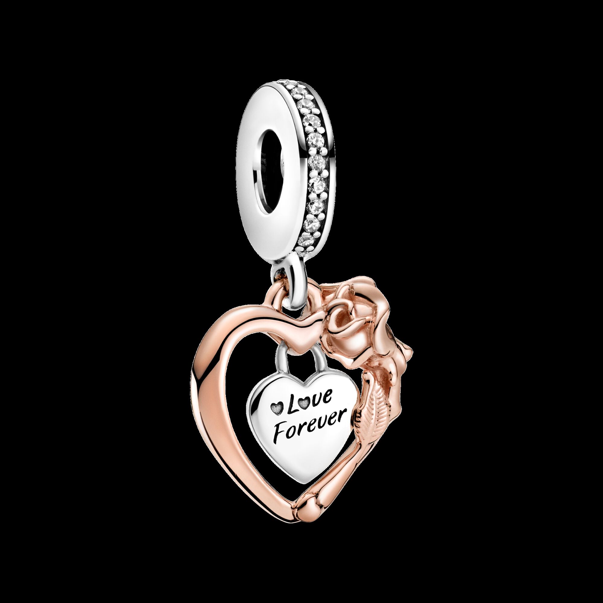 Heart & Rose Flower Dangle Charm | Two-tone | Pandora Canada