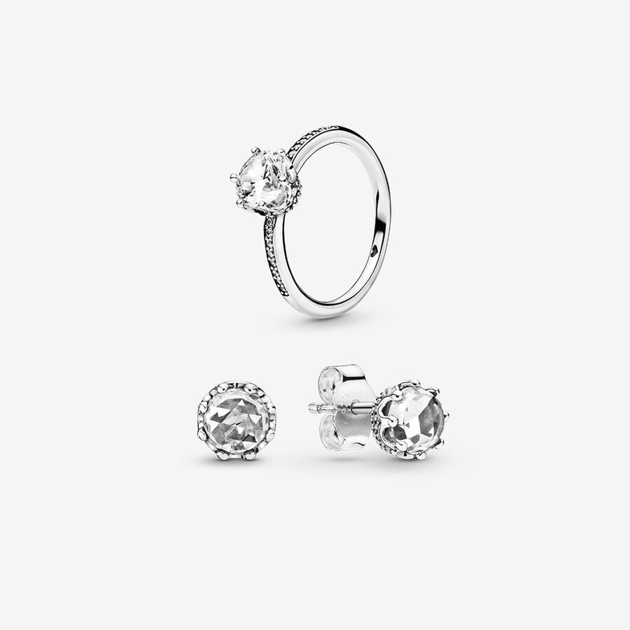Clear Sparkling Crown Ring and Earring Set image number 0