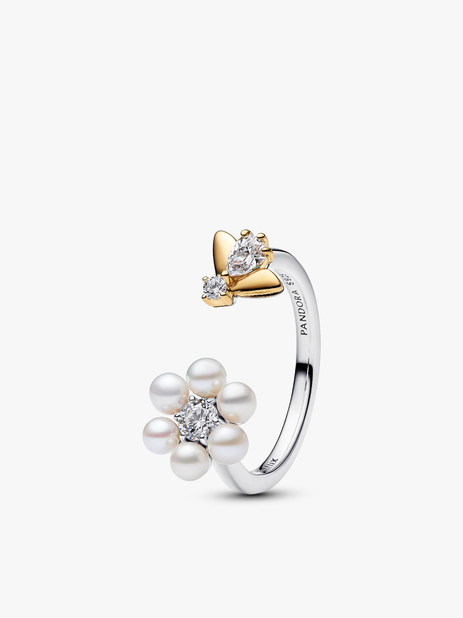 Bague ouverte Fleur avec perle de culture d’eau douce traitée et abeille Bridgerton
