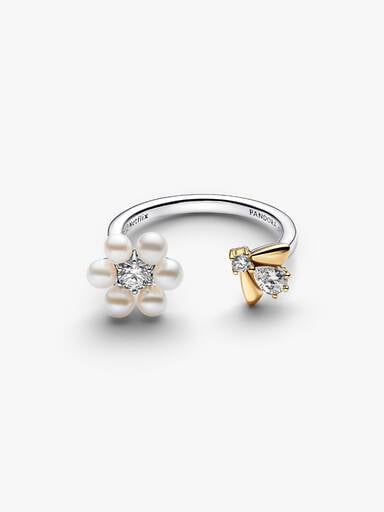 Bague ouverte Fleur avec perle de culture d’eau douce traitée et abeille Bridgerton