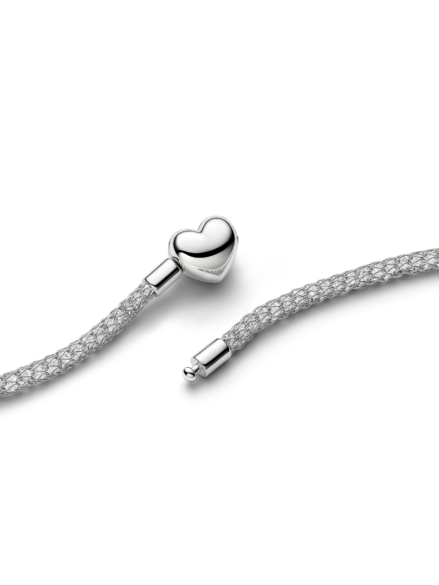 Heart Clasp Sparkling Mesh Necklace, Platinum Plated