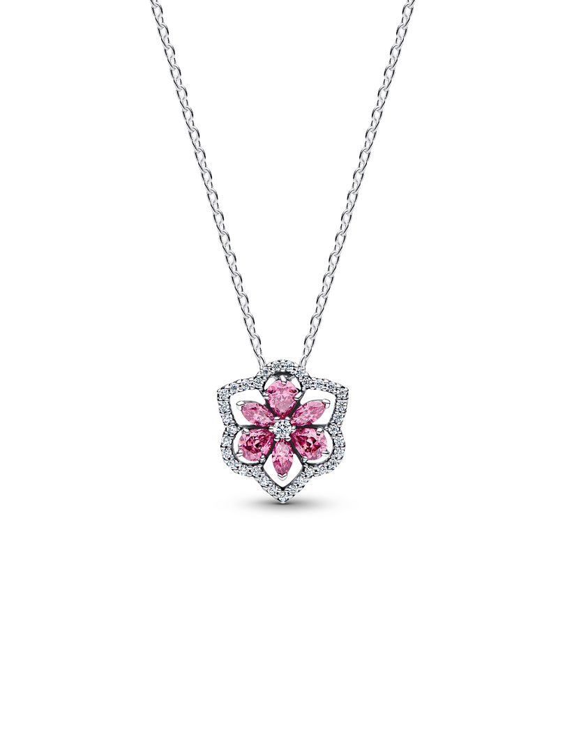 Collier à pendentif Fleur rose d’herbier scintillante