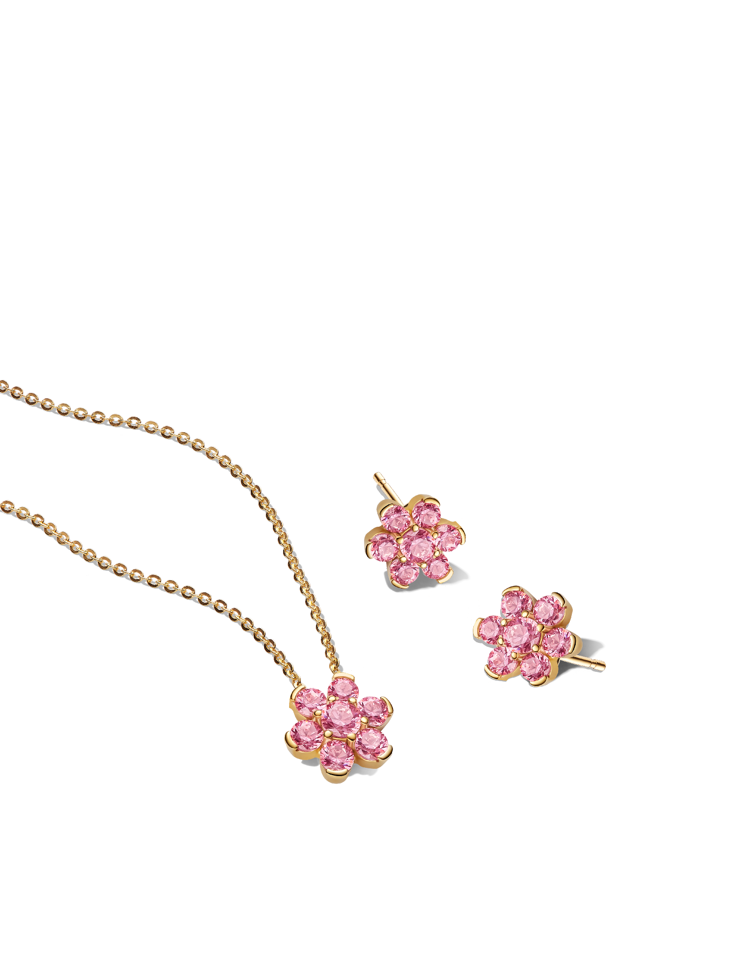 Sparkling Pink Flower Gold-Plated Necklace & Earrings Set