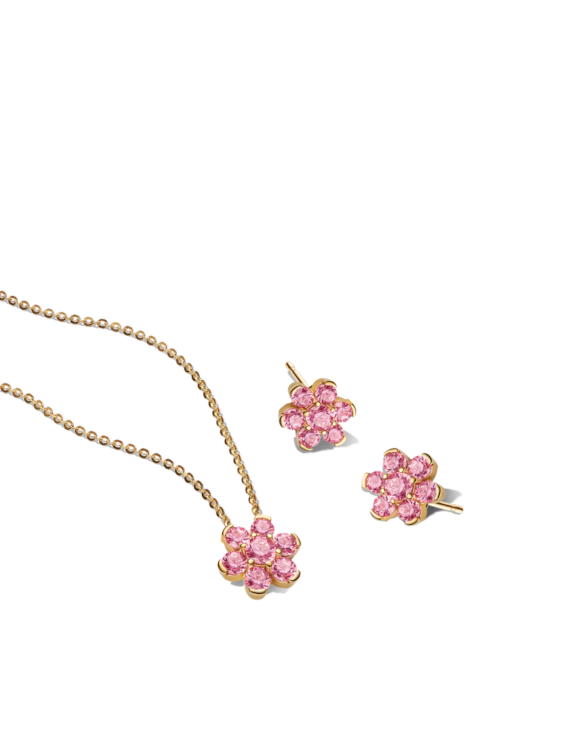 Sparkling Pink Flower Gold-Plated Necklace & Earrings Set