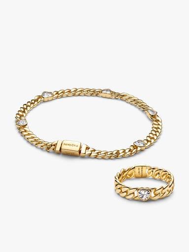 Ensemble de bracelet et bague à chaîne cubaine avec cœur