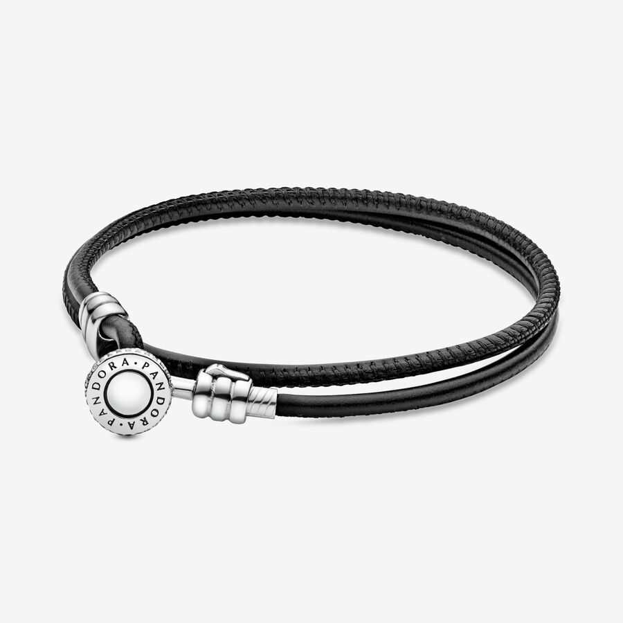 Black Double Leather Bracelet, Clear CZ image number 0