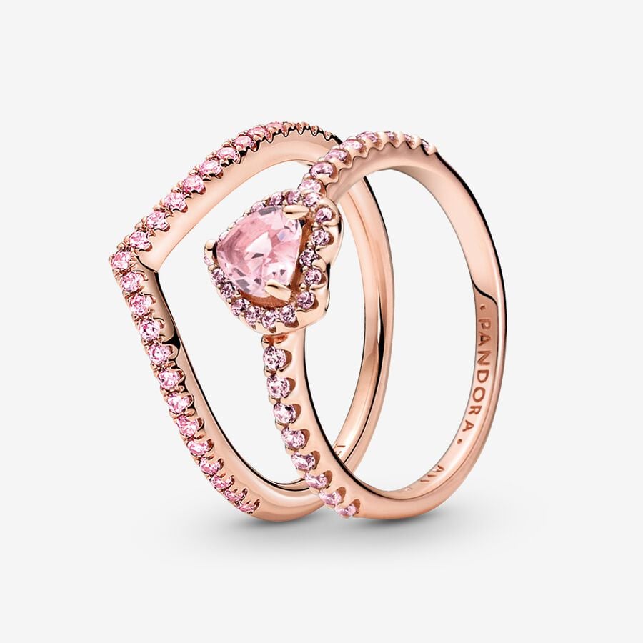 Sparkling Pink Heart Wishbone Ring Set image number 0