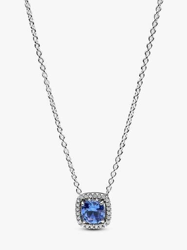 Sparkling Square Blue Halo Pendant Necklace