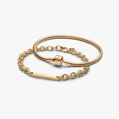 Gold-Plated Engravable Link Bar & Charm Bracelet Stacking Duo