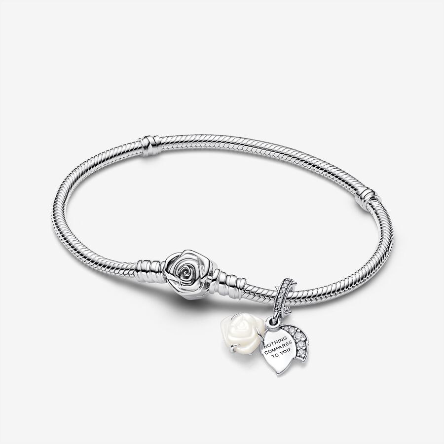 White Rose in Bloom Double Dangle Charm Bracelet Set image number 0
