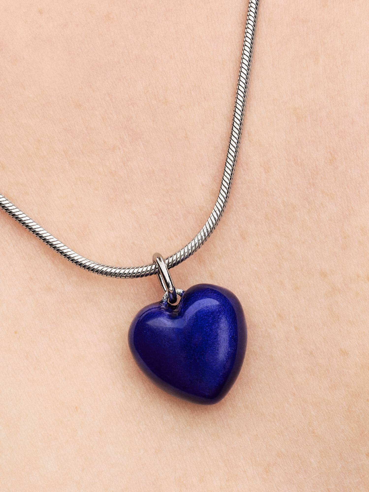 Blue Puffy Heart Dangle Charm, Platinum Plated