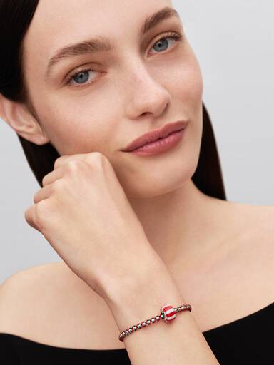 Red Peppermint Murano Glass Charm, Platinum Plated