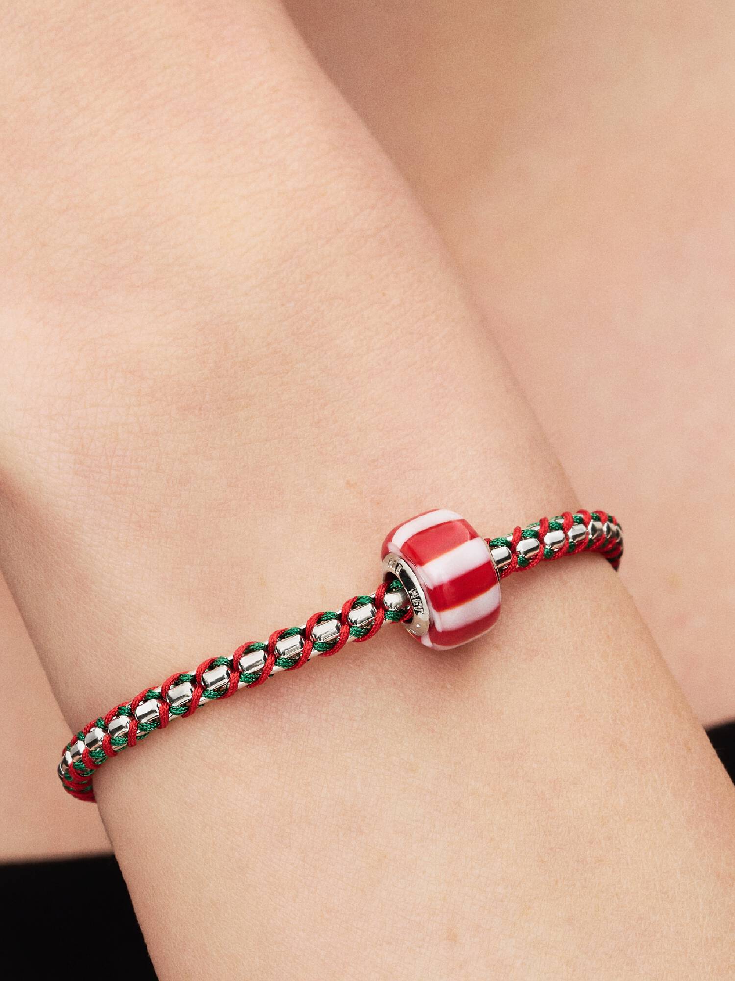 Red Peppermint Murano Glass Charm, Platinum Plated
