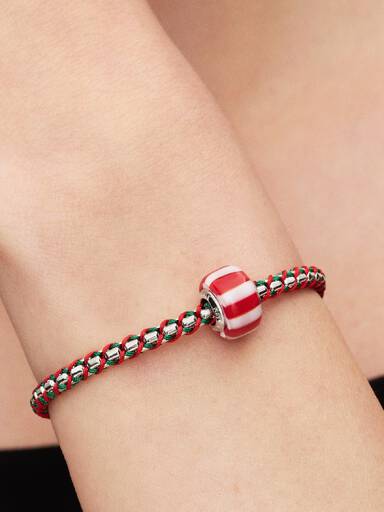 Red Peppermint Murano Glass Charm, Platinum Plated