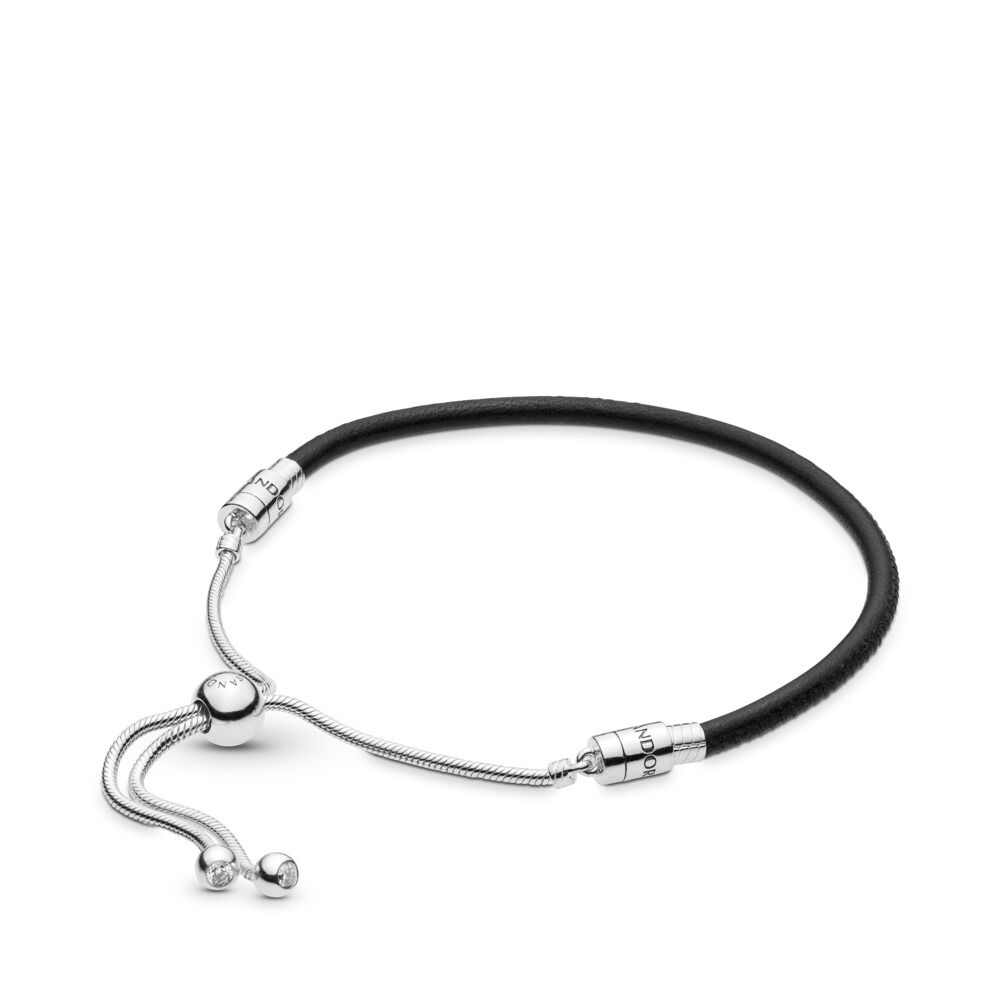 PANDORA Moments Black Leather Slider Bracelet, in Clear