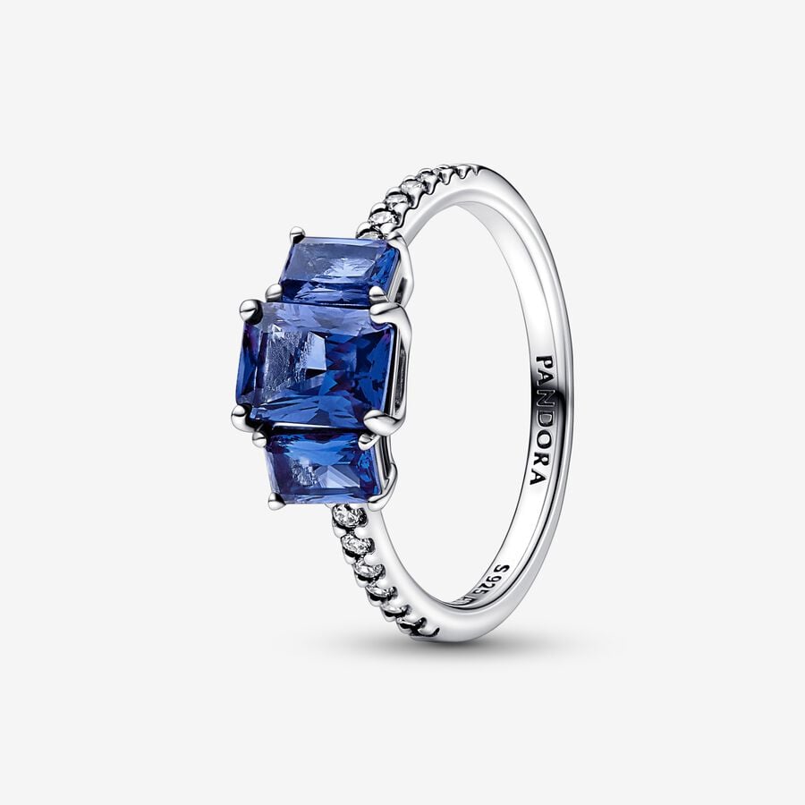 Blue Rectangular Three Stone Sparkling Ring image number 0