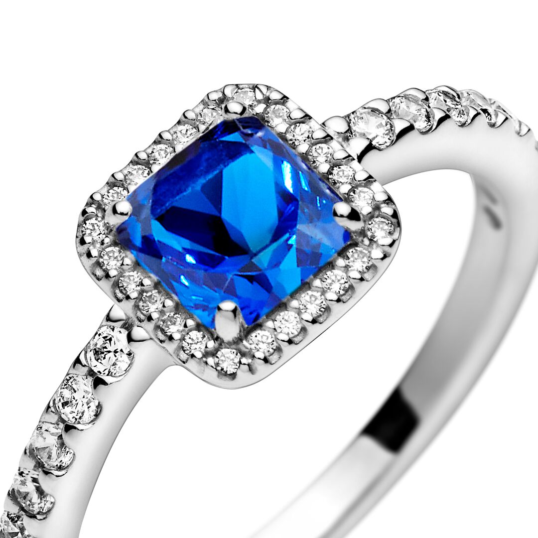 Blue Square Sparkle Halo Ring