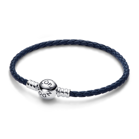 Bracelet en cuir tressé bleu à fermoir rond Pandora Moments