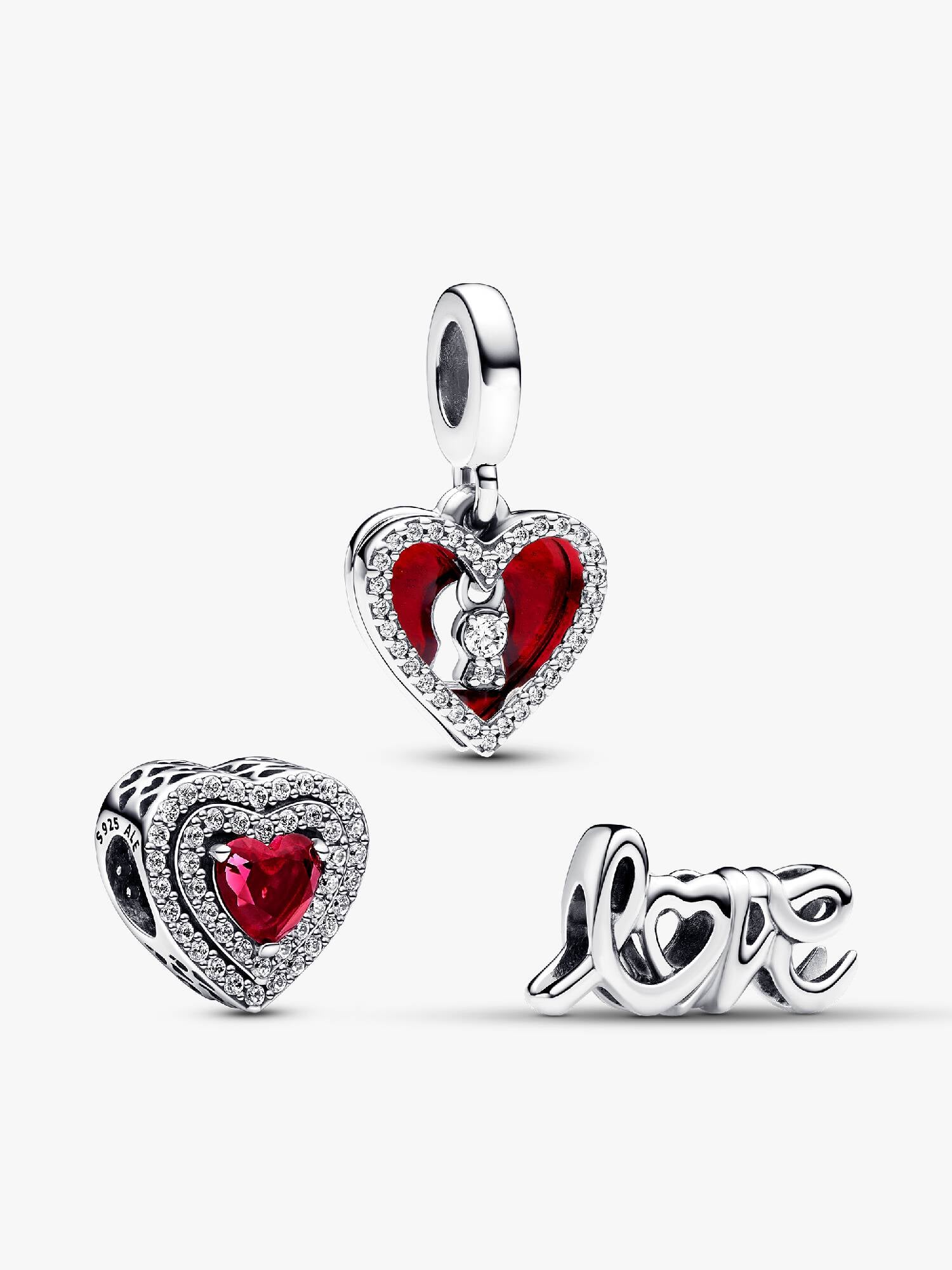 Sparkling Red Heart Dangle Charm Trio