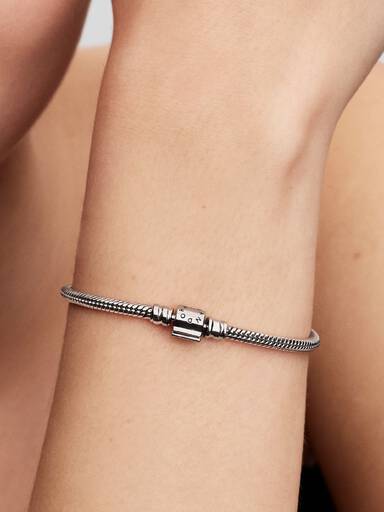 Pandora Moments Mini Barrel Clasp Snake Chain Bracelet, Platinum Plated