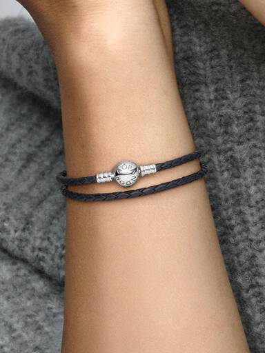 Bracelet double en cuir noir Pandora Moments