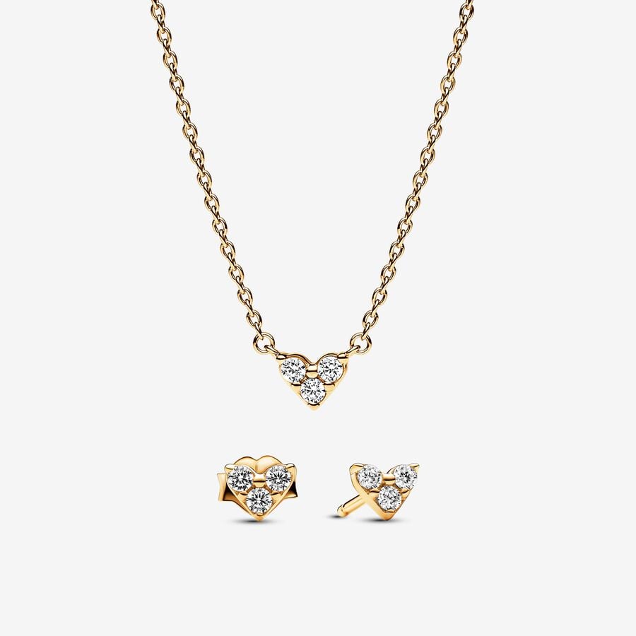 Golden Triple Stone Heart Necklace and Earrings Set image number 0