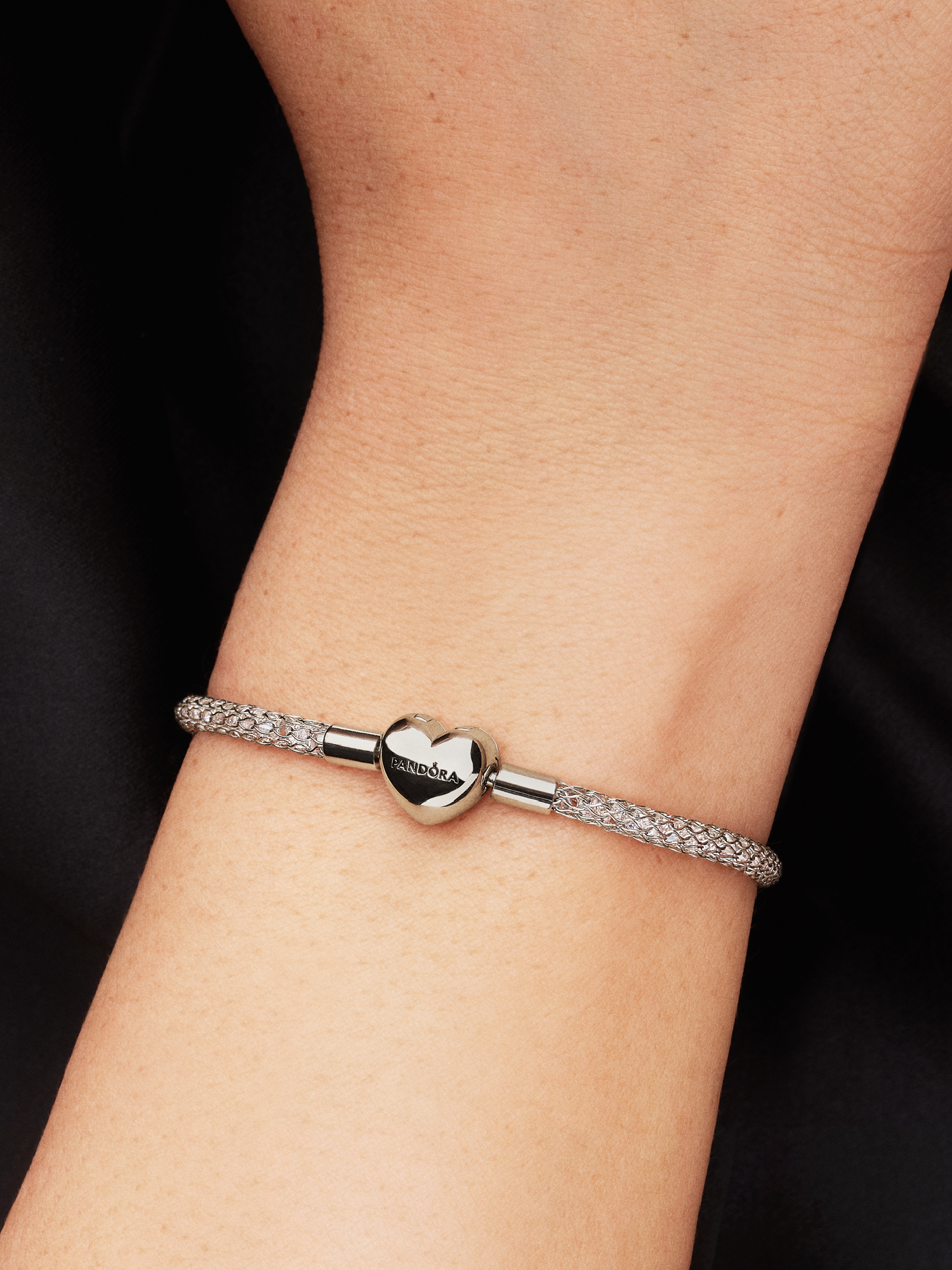 Heart Clasp Sparkling Mesh Bracelet, Platinum Plated