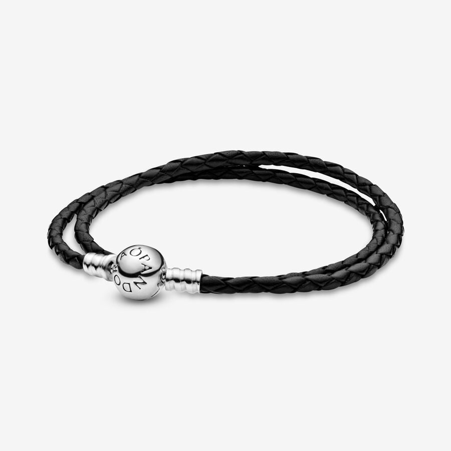 Bracelet double en cuir noir Pandora Moments image number 0
