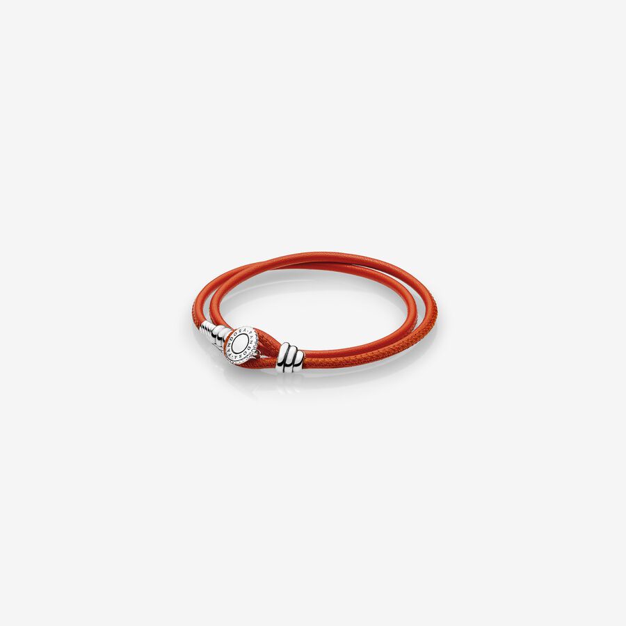 Limited Edition Spicy Orange Double Leather Bracelet, Clear CZ - FINAL SALE image number 0