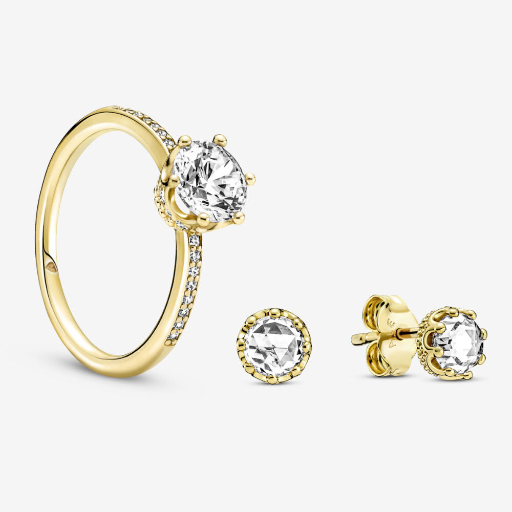 Clear Sparkling Crown Ring and Earring Set