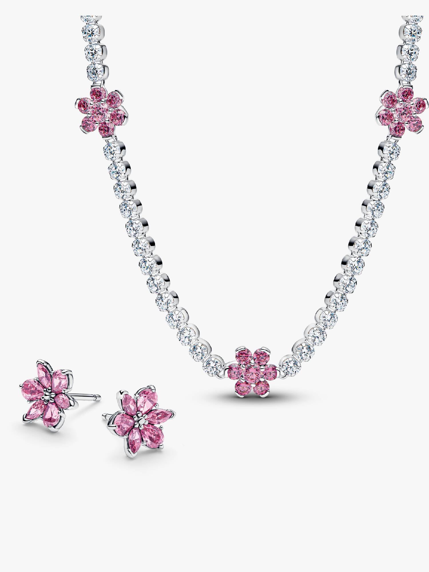 Herbarium Pink Flower Tennis Necklace & Earrings Set