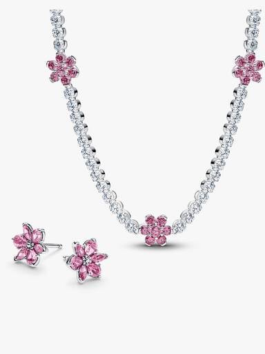 Herbarium Pink Flower Tennis Necklace & Earrings Set
