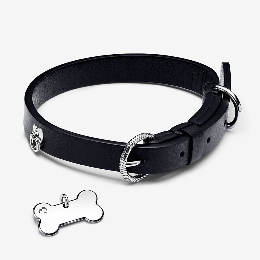 Black Pet Collar with Engravable Bone Tag image number 0