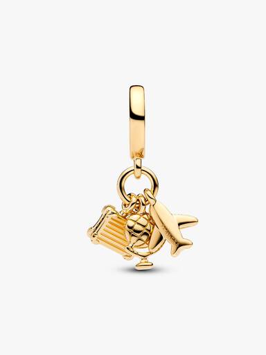 Charm-pendentif triple Avion, globe terrestre et valise