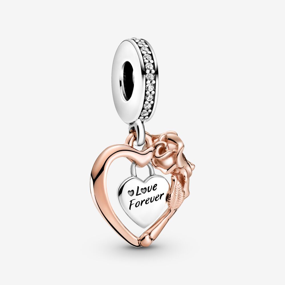 Charm-pendentif Cœur et rose | Bicolore | Pandora Canada