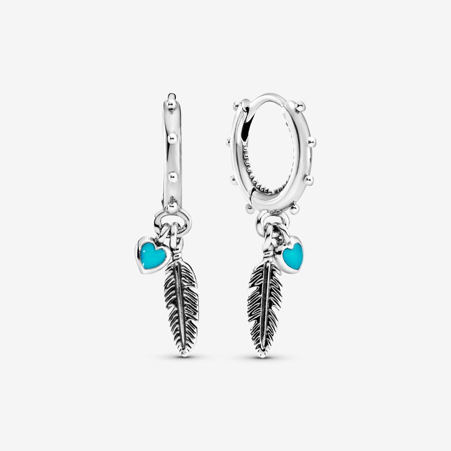 FINAL SALE - Turquoise Hearts & Feather Hoop Earrings image number 0