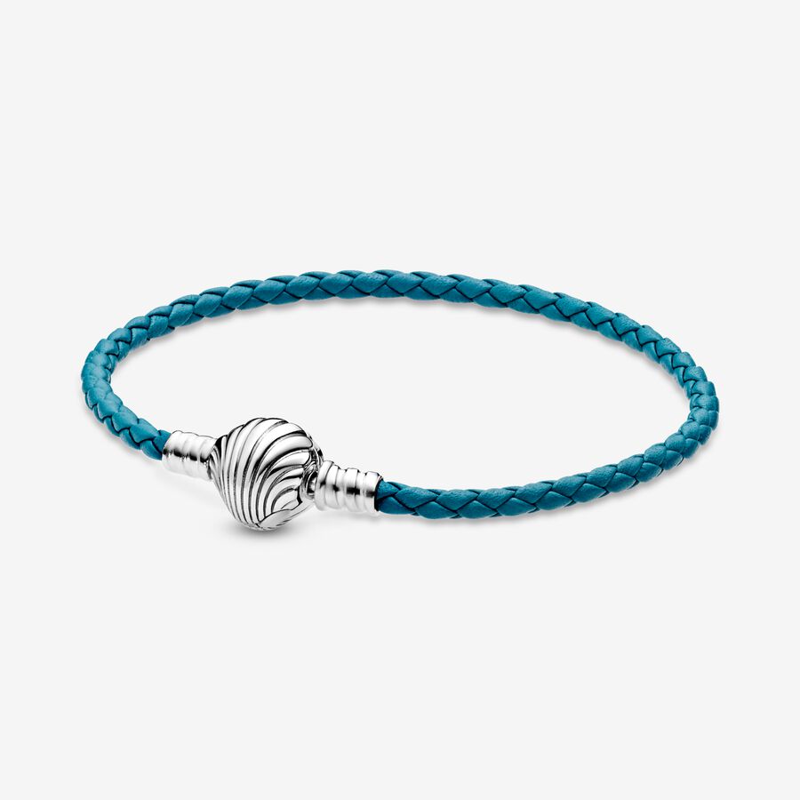 Pandora Moments Seashell Clasp Turquoise Braided Leather Bracelet Sterling Silver