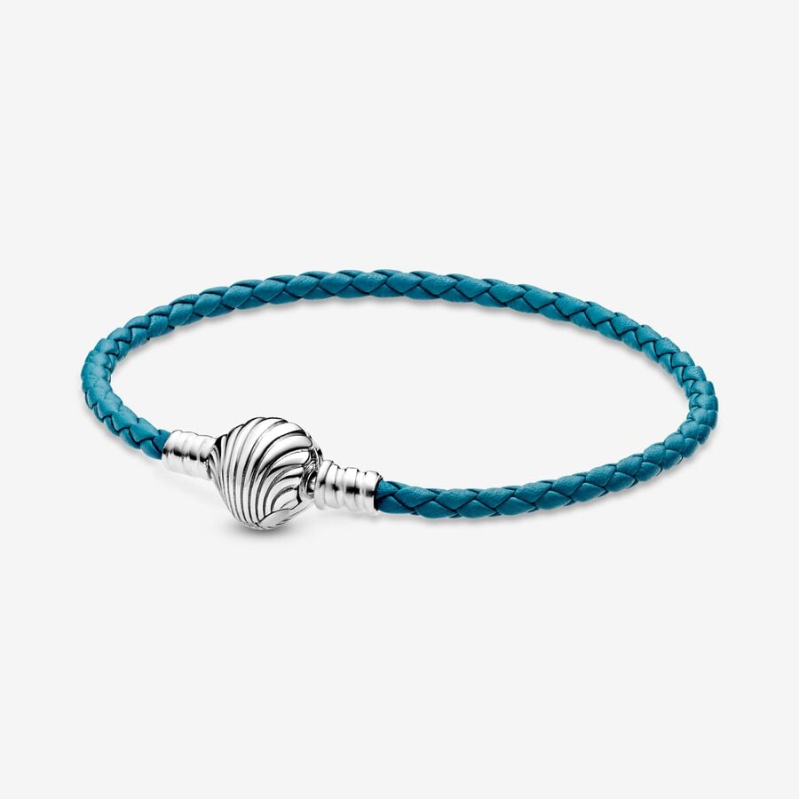 Bracelet en cuir tressé turquoise, avec fermoir coquillage Pandora Moments image number 0