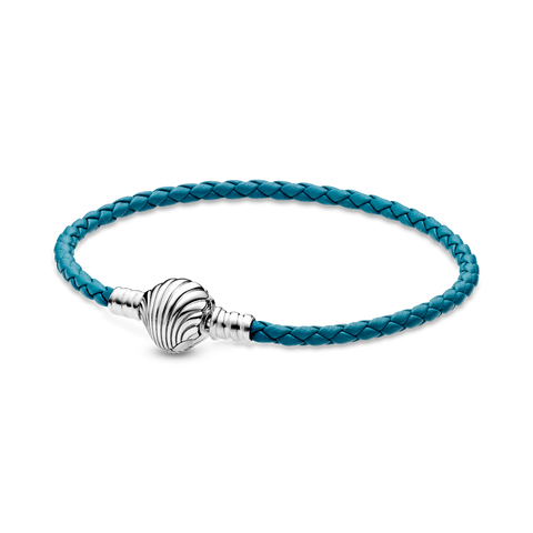 Bracelet en cuir tressé turquoise, avec fermoir coquillage Pandora Moments