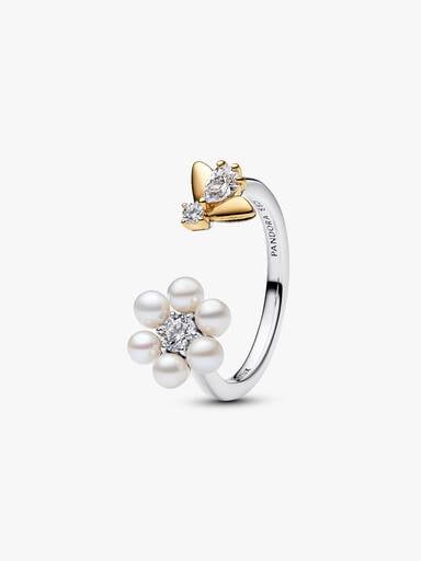 Bague ouverte Fleur avec perle de culture d’eau douce traitée et abeille Bridgerton
