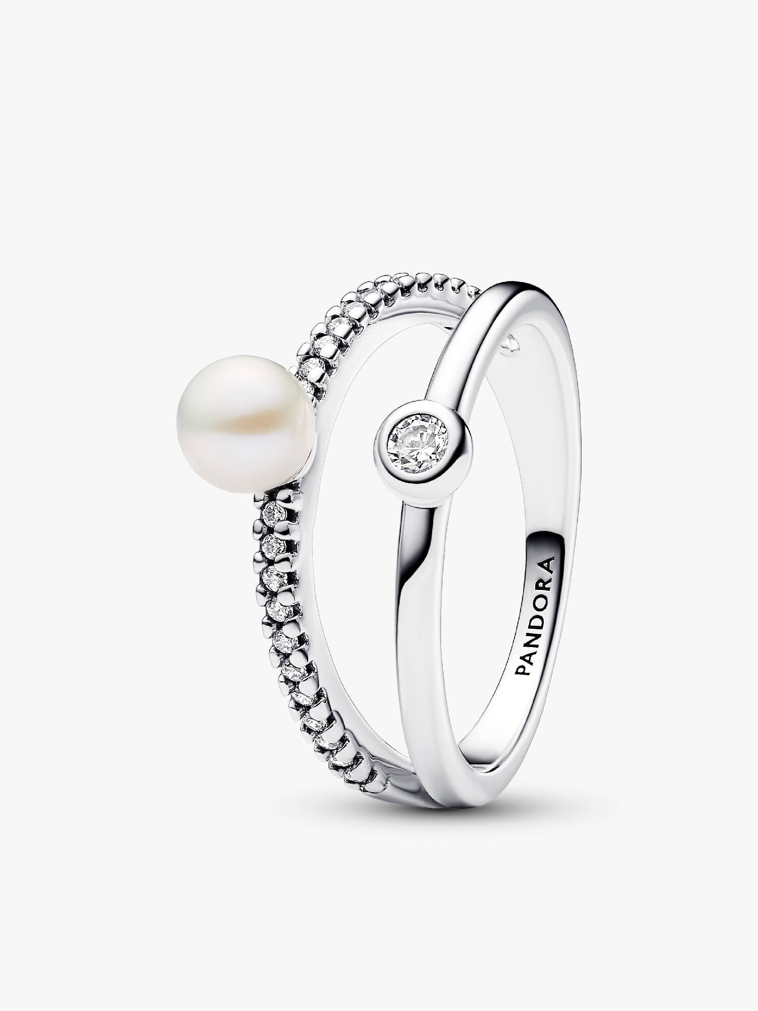 VENTE FINALE -  Bague à deux anneaux avec pavé et perle de culture d’eau douce traitée