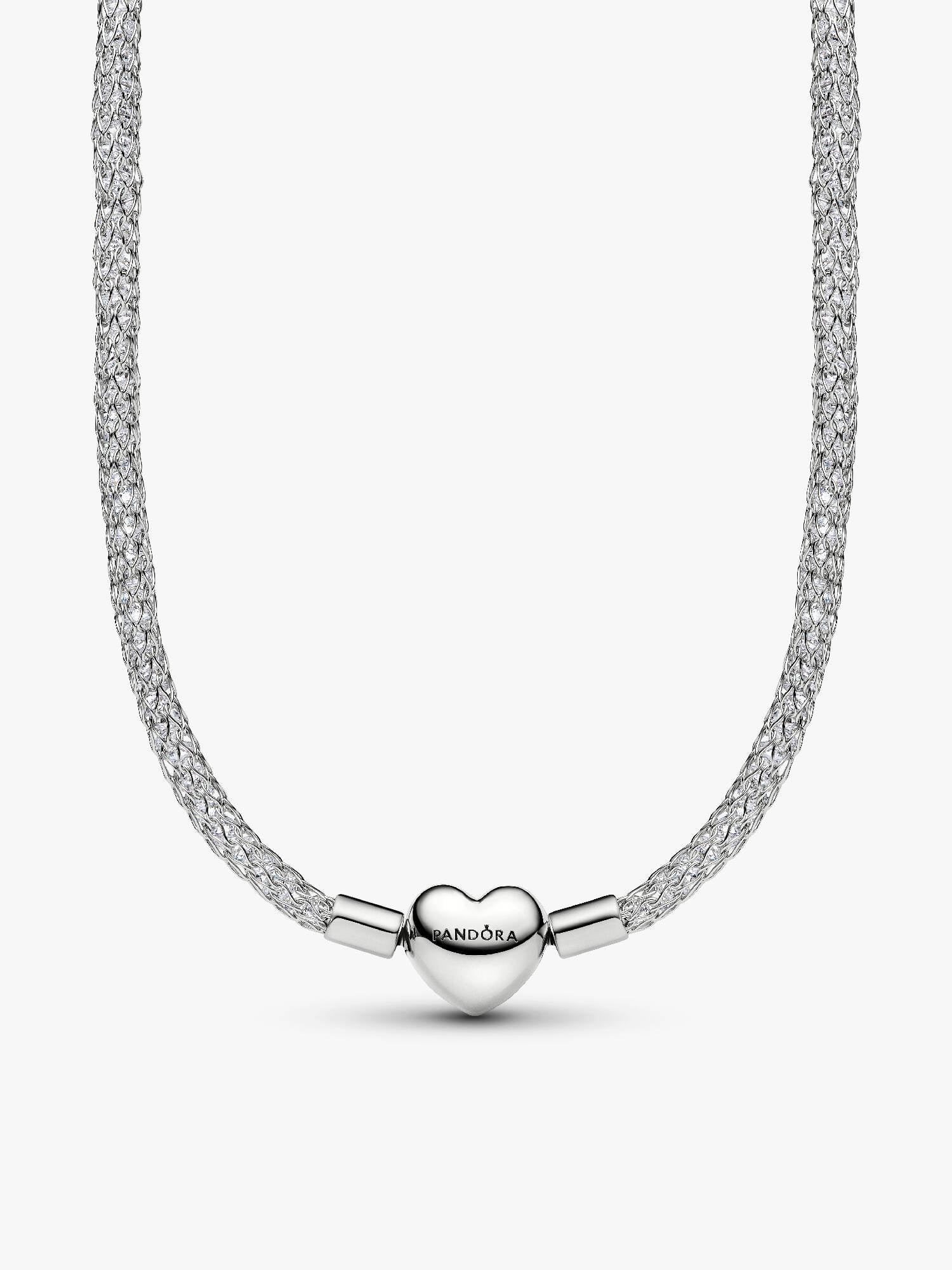 Heart Clasp Sparkling Mesh Necklace, Platinum Plated