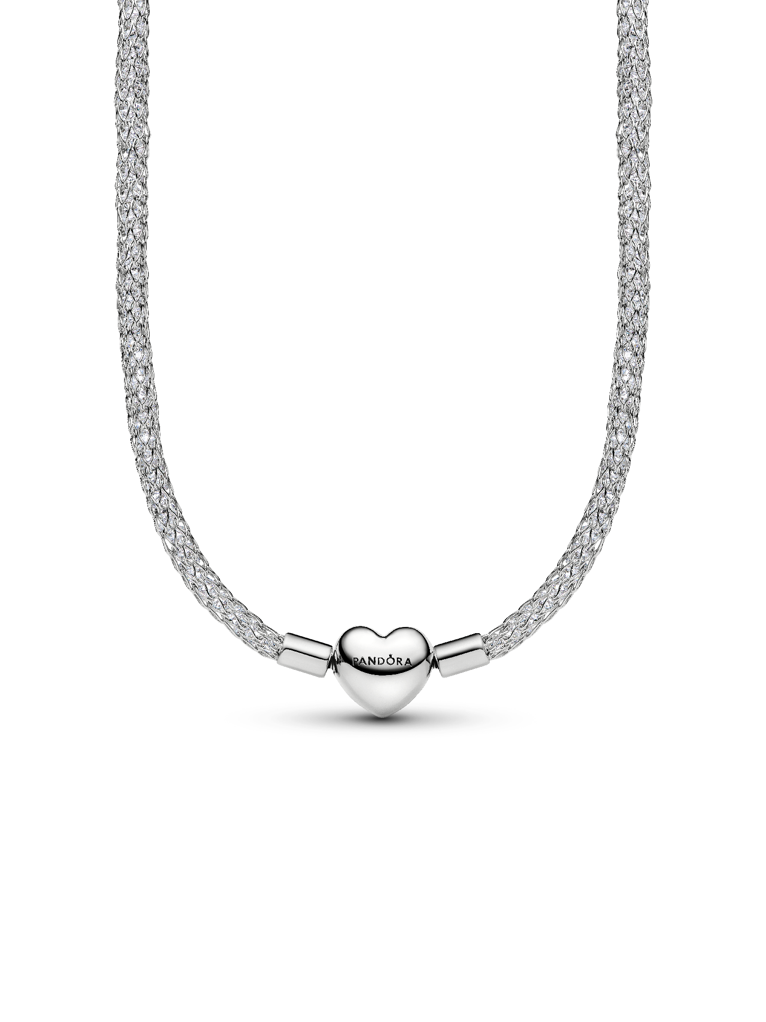 Heart Clasp Sparkling Mesh Necklace, Platinum Plated