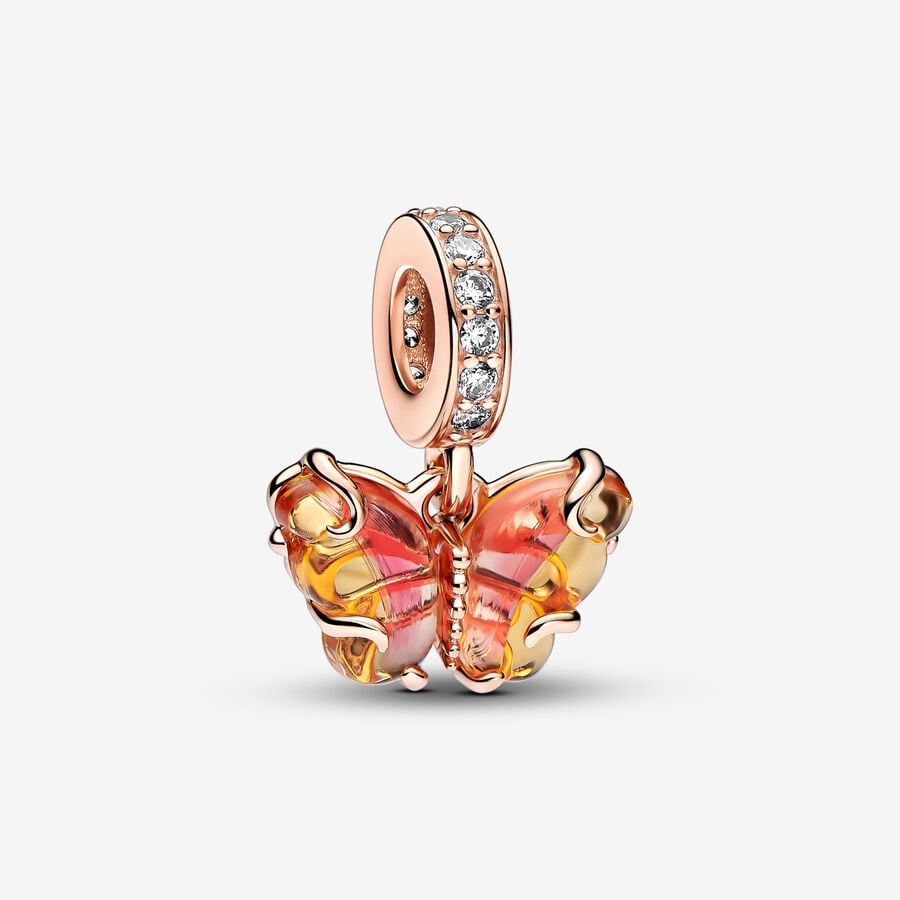 Charm-pendentif Papillon en verre de Murano rose et jaune image number 0