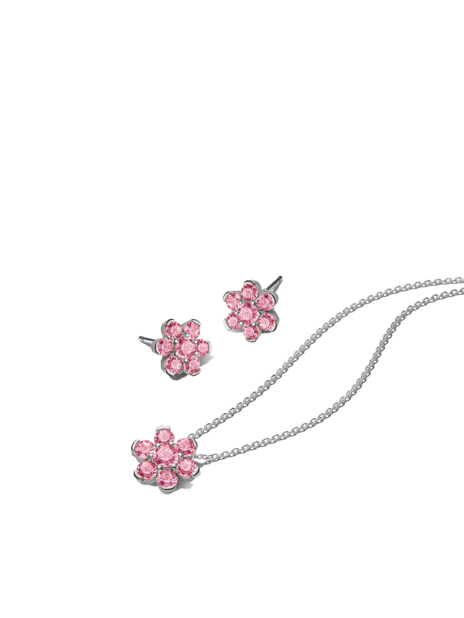 Sparkling Pink Flower Sterling Silver Necklace & Earrings Set